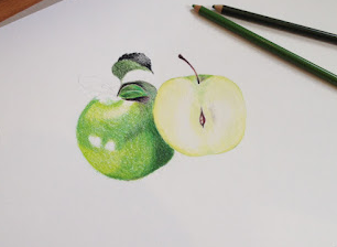 A colored pencil study of a green apple and an apple half on white paper.