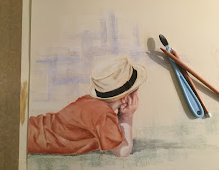A child lying down and reading while wearing a hat, rendered as a pencil study.